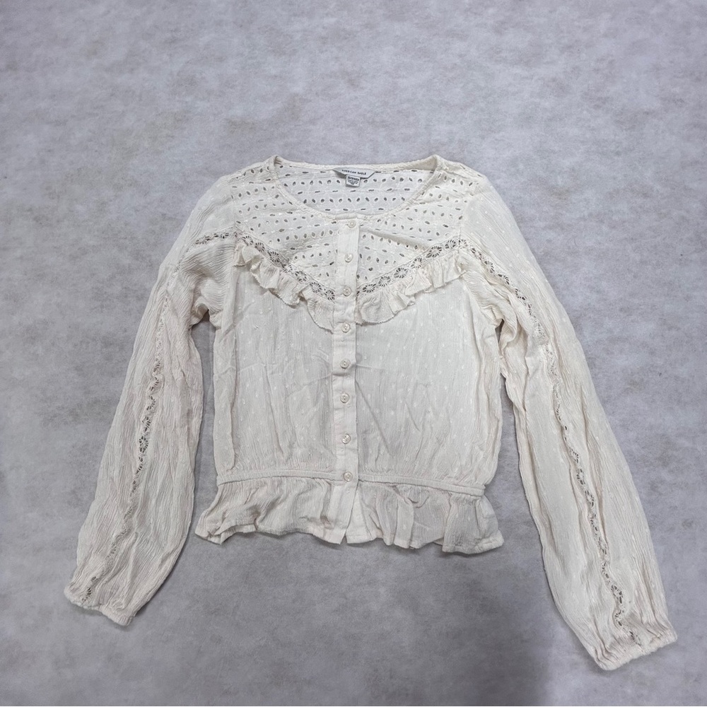 American Eagle Outfitters Cream Ruffled Long Sleeve Blouse